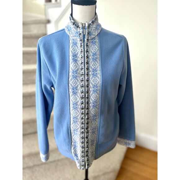 Vintage L.L. Bean Blue Nordic Edelweiss Printed Zippered Fleece - Picture 1 of 7